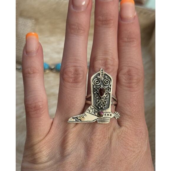 Native American SW Sterling Red Rose Pink Dahlia Western Cowboy Barbie Boot Ring - Picture 7 of 12
